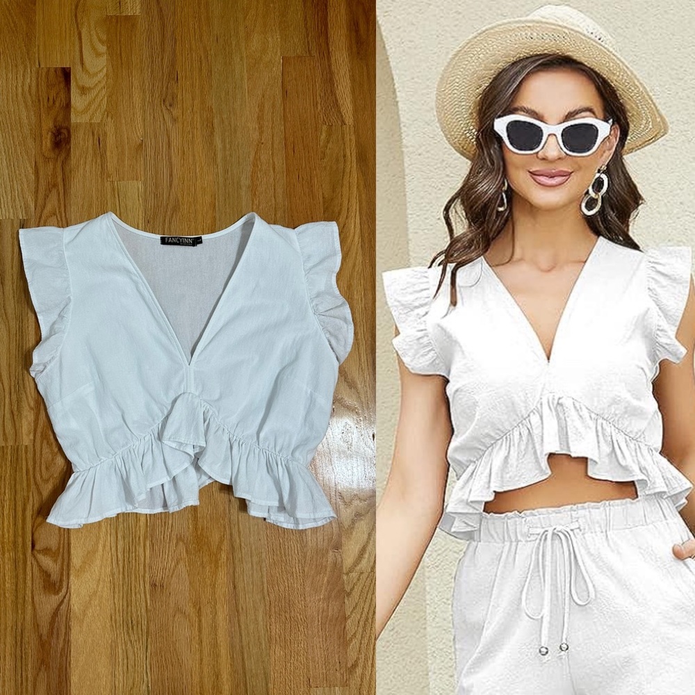 FANCYINN Women’s White Crop Top with Deep V and Ruffles